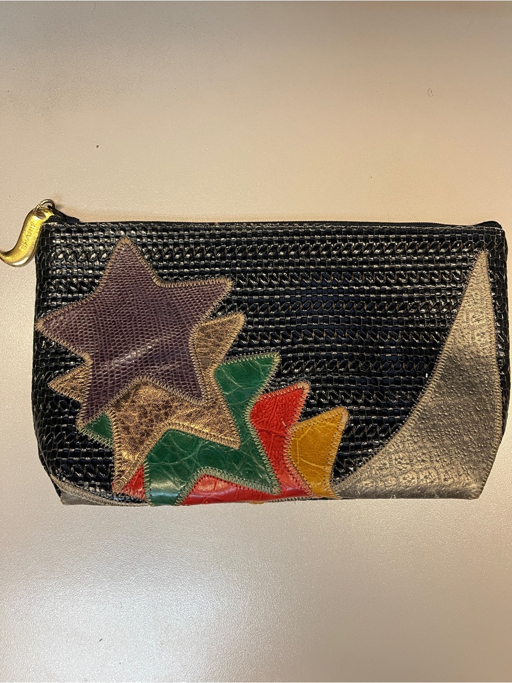 Vintage Sharif Black Clutch with Multicolor Star Appliqués